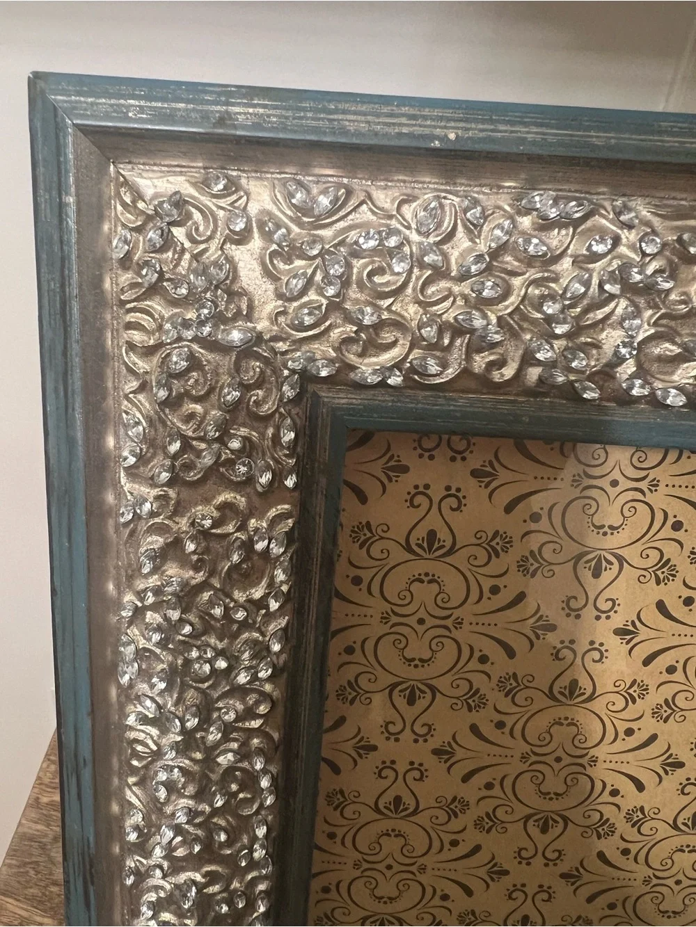 Pier 1 Silver and Teal Embossed Ornate with rhinestones Picture Frame